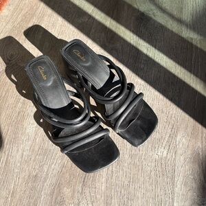 Clarks Black Strappy Square-Toe Heeled Sandals